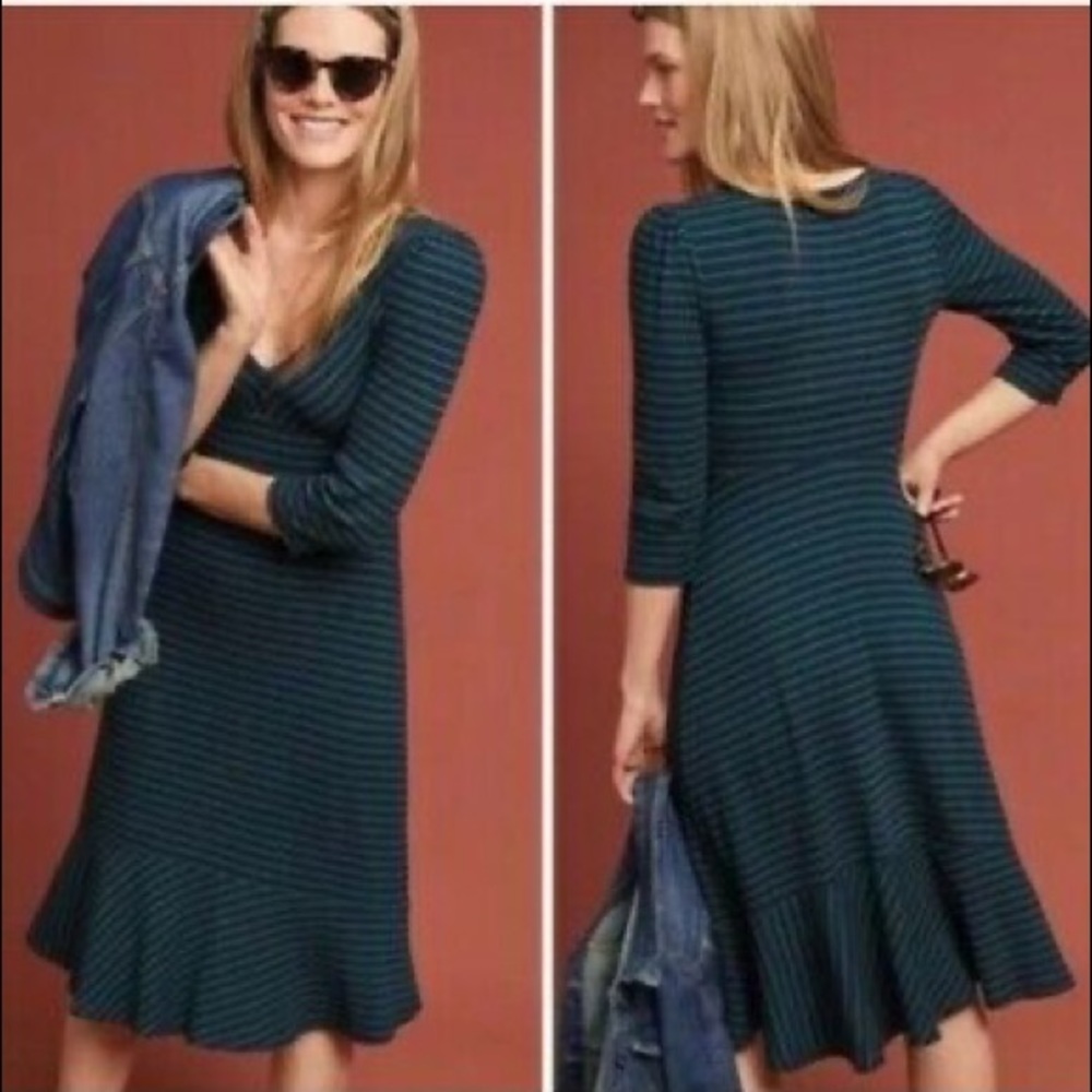 Anthro Maeve navy green stripe ribbed midi dress